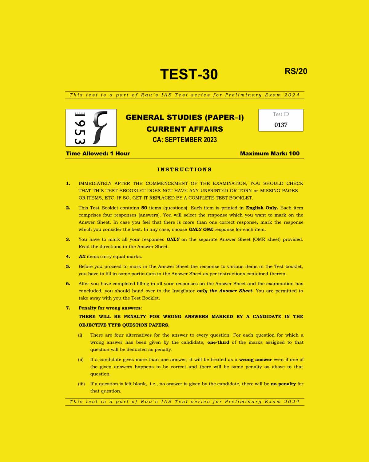 Manufacturer, Exporter, Importer, Supplier, Wholesaler, Retailer, Trader of RAUS IAS 2024 TEST-30 2024-SEPTEMBER 2023 FINAL ENGLISH {BLACK AND WHITE} in New Delhi, Delhi, India.