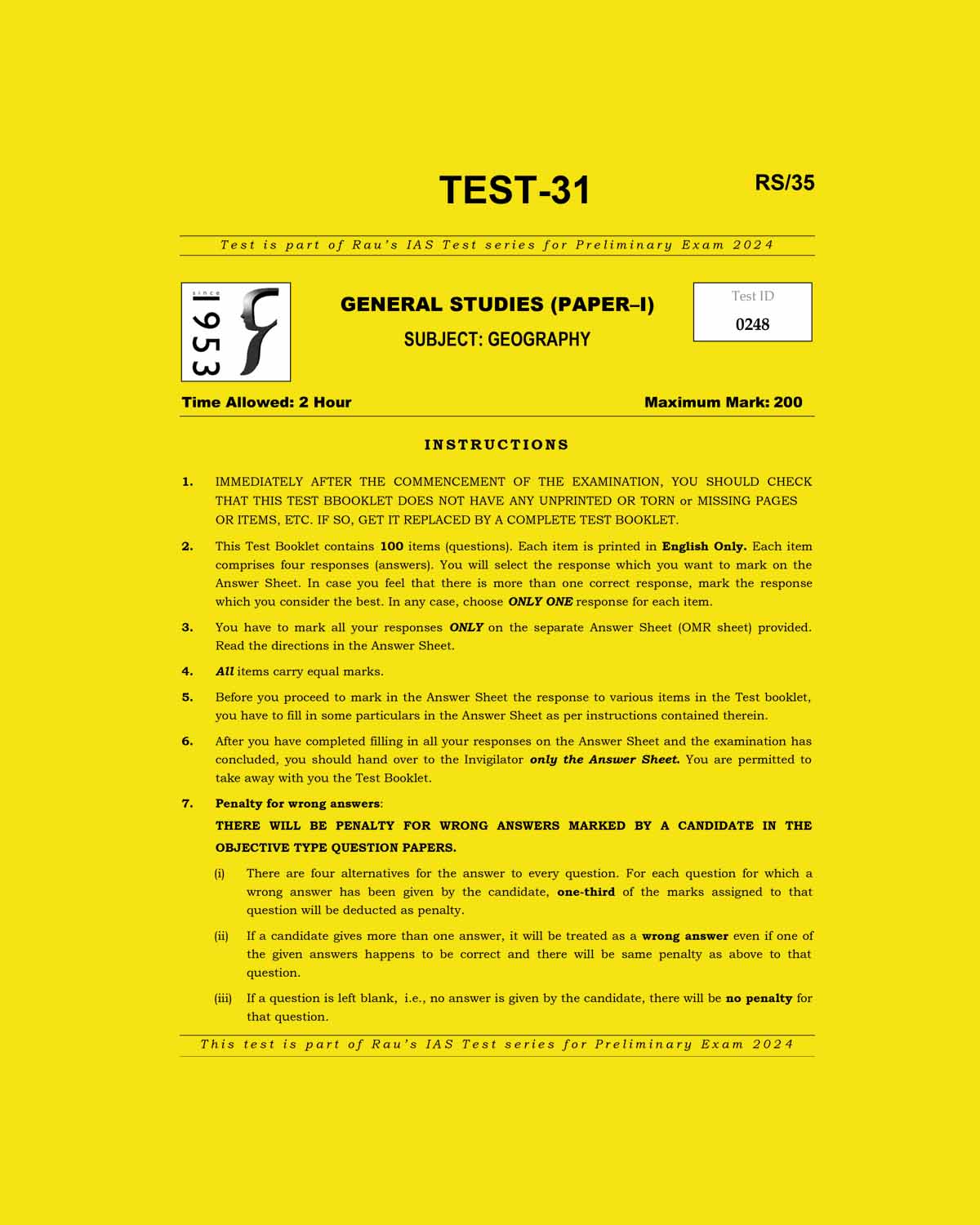 Manufacturer, Exporter, Importer, Supplier, Wholesaler, Retailer, Trader of RAUS IAS 2024 TEST-31 2024-GEOGRAPHY 2023 FINAL ENGLISH {BLACK AND WHITE} in New Delhi, Delhi, India.