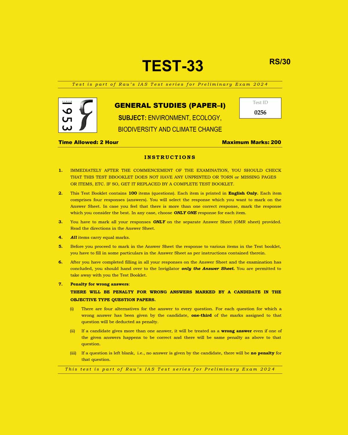 Manufacturer, Exporter, Importer, Supplier, Wholesaler, Retailer, Trader of RAUS IAS 2024 TEST-33 2024-ENVIRONMENT ECOLOGY, BIODIVERSITY, AND CLIMATE CHANGE {QUESTIONS AND SULUTION} ENGLISH {BLACK AND WHITE} in New Delhi, Delhi, India.