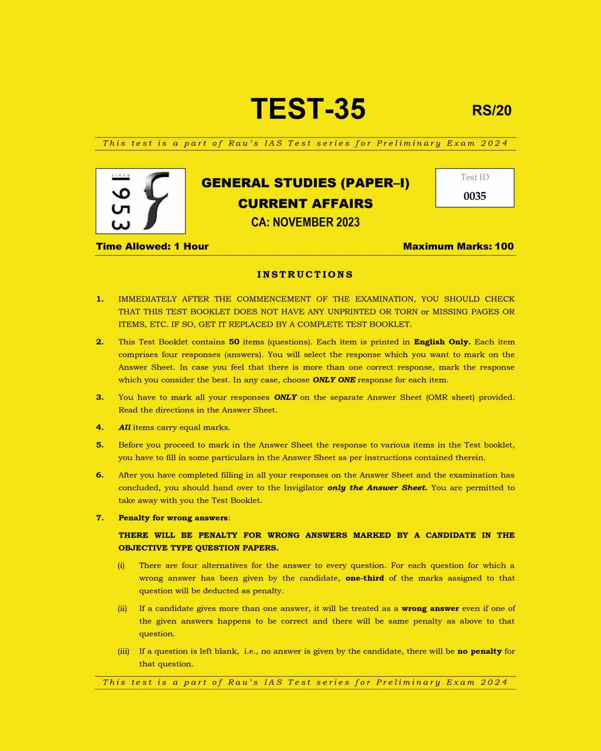 Manufacturer, Exporter, Importer, Supplier, Wholesaler, Retailer, Trader of RAUS IAS 2024 TEST-35 2024-NOVEMBER 2023 FINAL {ENGLISH} {BLACK AND WHITE} in New Delhi, Delhi, India.