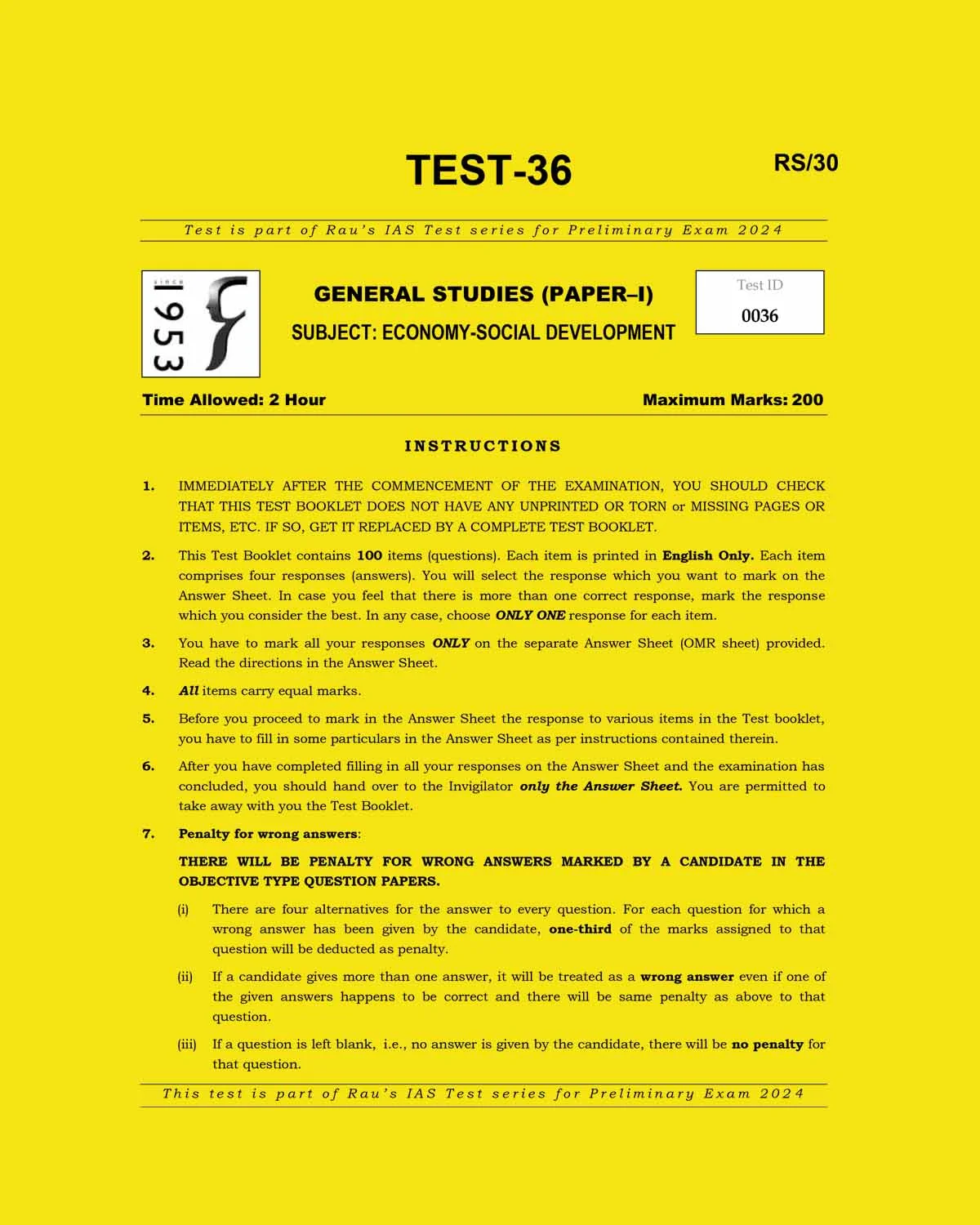 Manufacturer, Exporter, Importer, Supplier, Wholesaler, Retailer, Trader of RAUS IAS 2024 TEST-36 2024-ECONOMY&SOCIAL DEVELOPMENT FINAL {ENGLISH} {BLACK AND WHITE} in New Delhi, Delhi, India.