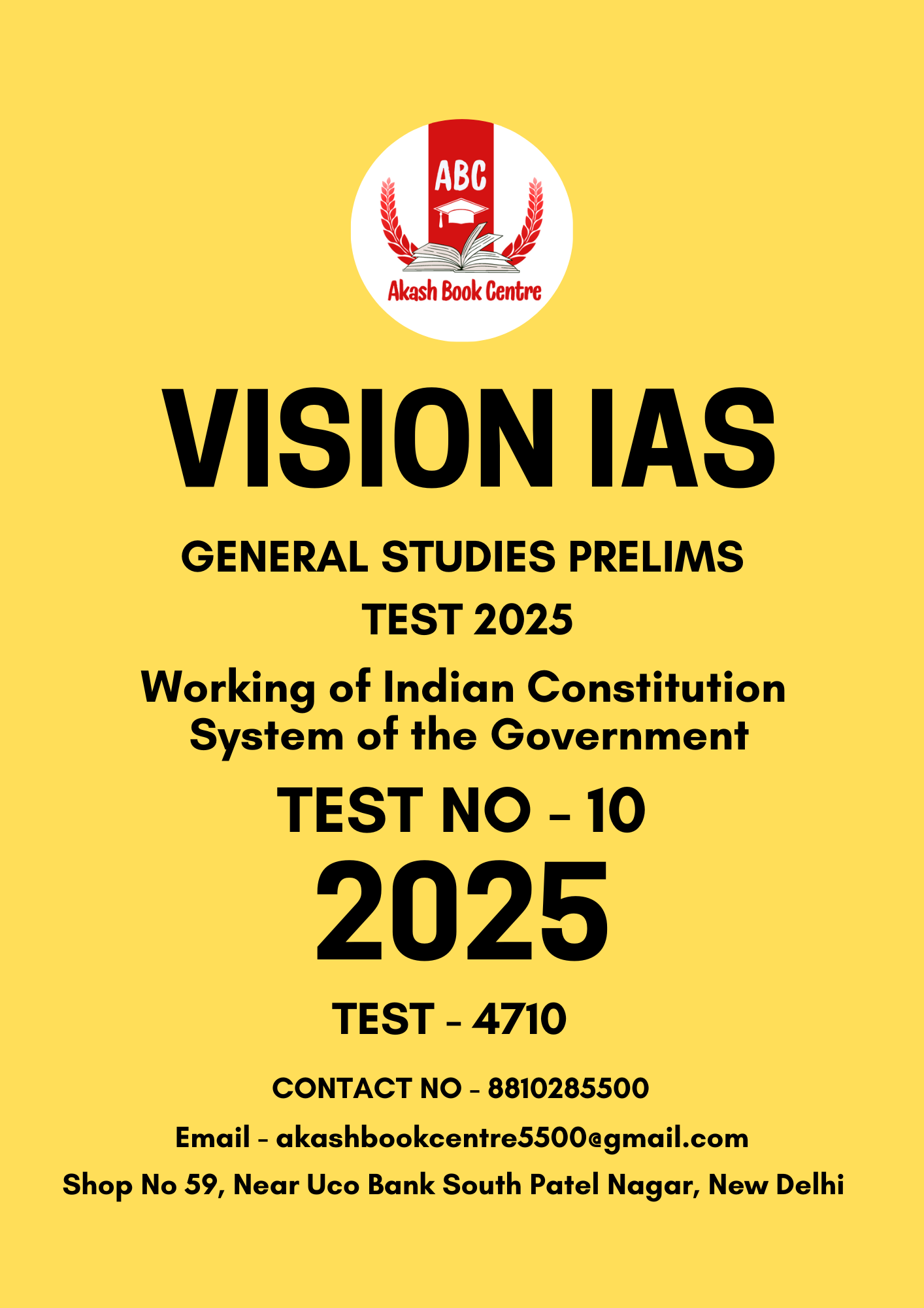 Manufacturer, Exporter, Importer, Supplier, Wholesaler, Retailer, Trader of VISION IAS GENERAL STUDIES (PT) PRELIMS TEST (4710) 2025 BLACK & WHITE | Working Indian Constitution and System of the government TEST NO - 10 in New Delhi, Delhi, India.