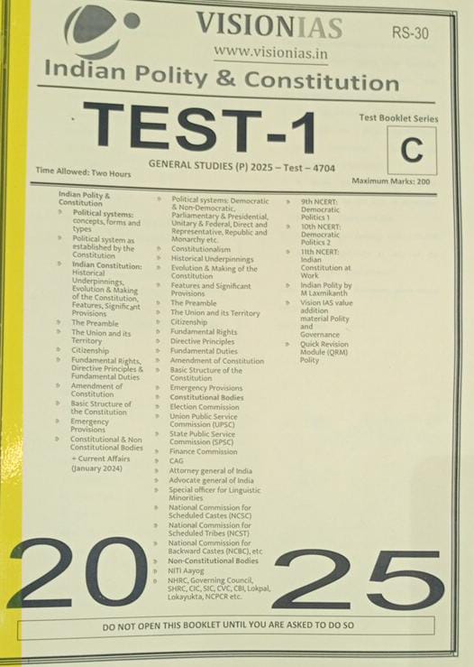 Manufacturer, Exporter, Importer, Supplier, Wholesaler, Retailer, Trader of VISIONIAS TEST-1 GENERAL STUDIES PRELIMS TEST2025 - Test - 4701 Indian Polity & Constitution English Medium (Black & White) in New Delhi, Delhi, India.