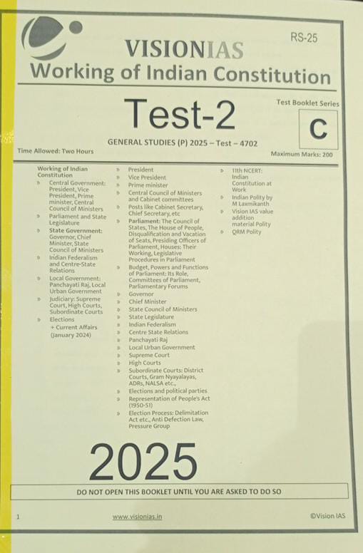 Manufacturer, Exporter, Importer, Supplier, Wholesaler, Retailer, Trader of VISIONIAS TEST-2 GENERAL STUDIES (P) 2025 - Test - 4702 Working Of Indian Constitution English Medium (Black & White) in New Delhi, Delhi, India.