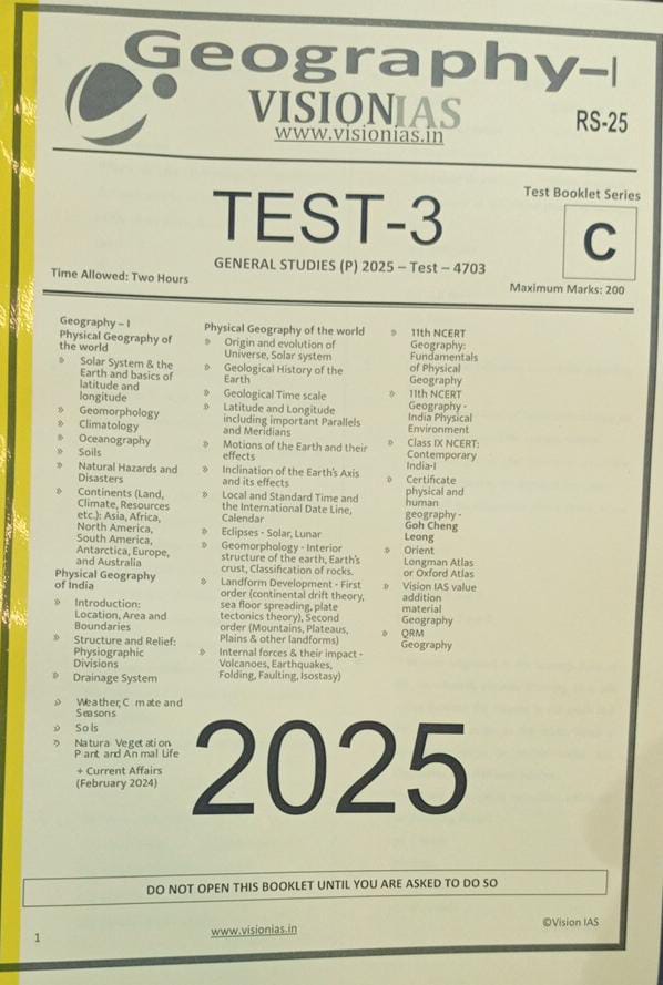 Manufacturer, Exporter, Importer, Supplier, Wholesaler, Retailer, Trader of VISIONIAS TEST-3 GENERAL STUDIES (P) 2025 - Test - 4703 Geography-I English Medium (Black & White) in New Delhi, Delhi, India.