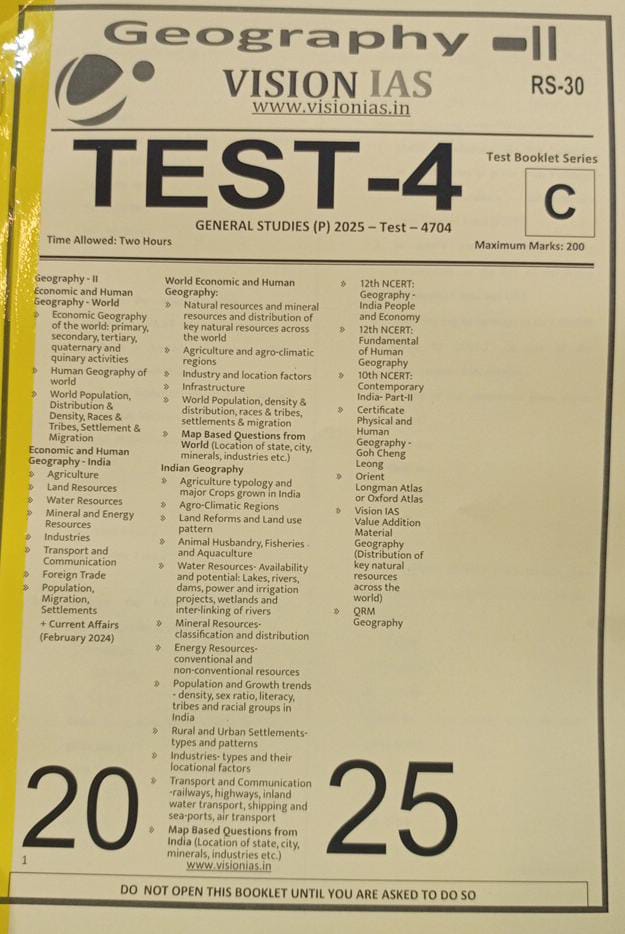 Manufacturer, Exporter, Importer, Supplier, Wholesaler, Retailer, Trader of VISIONIAS TEST-4 GENERAL STUDIES (P) 2025 - Test - 4704 Geography-II English Medium (Black & White) in New Delhi, Delhi, India.