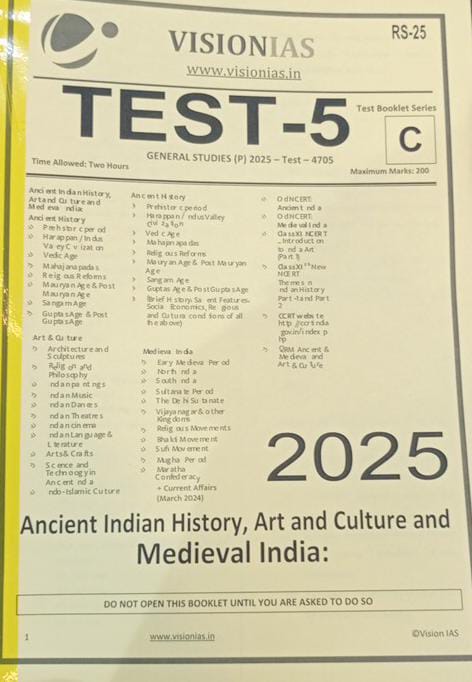 Manufacturer, Exporter, Importer, Supplier, Wholesaler, Retailer, Trader of VISIONIAS TEST-5 GENERAL STUDIES (P) 2025 - Test - 4705 Ancient Indian History,Art Art and Culture and Medieval India: English Medium (Black & White) in New Delhi, Delhi, India.