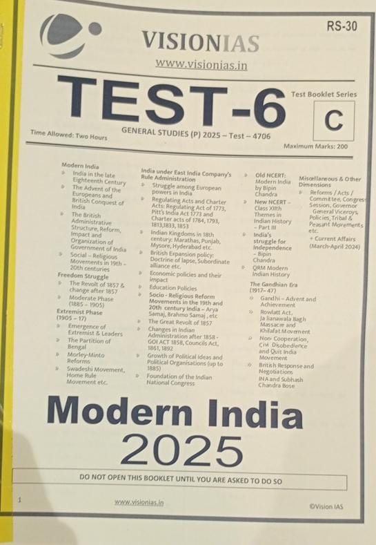 Manufacturer, Exporter, Importer, Supplier, Wholesaler, Retailer, Trader of VISIONIAS TEST-6 GENERAL STUDIES (P) 2025 - Test - 4706 Modern India English Medium (Black & White) in New Delhi, Delhi, India.