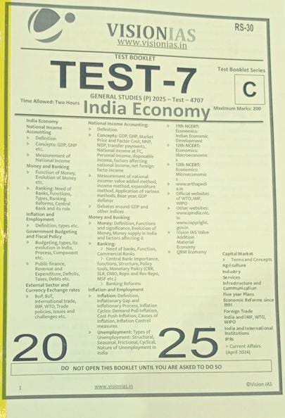 Manufacturer, Exporter, Importer, Supplier, Wholesaler, Retailer, Trader of VISIONIAS TEST-7 GENERAL STUDIES (P) 2025 - Test - 4707 India Economy English Medium (Black & White) in New Delhi, Delhi, India.