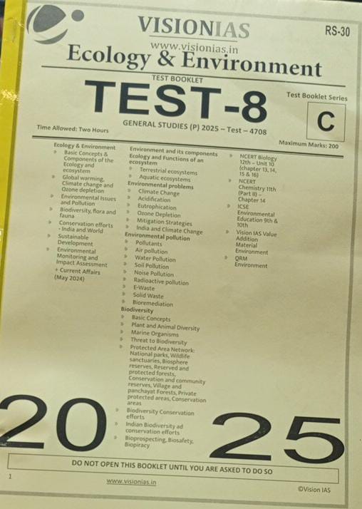 Manufacturer, Exporter, Importer, Supplier, Wholesaler, Retailer, Trader of VISIONIAS TEST-8 GENERAL STUDIES (P) 2025 - Test - 4708 ECOLOGY & ENVIRONMENT English Medium (Black & White) in New Delhi, Delhi, India.