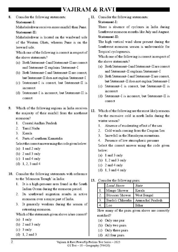 VAJIRAM & RAVI POWER UP PRELIMS TEST - 10 ( V4420 ) ( GEOGRAPHY-2 ) English 2025 / B&W - Image 3