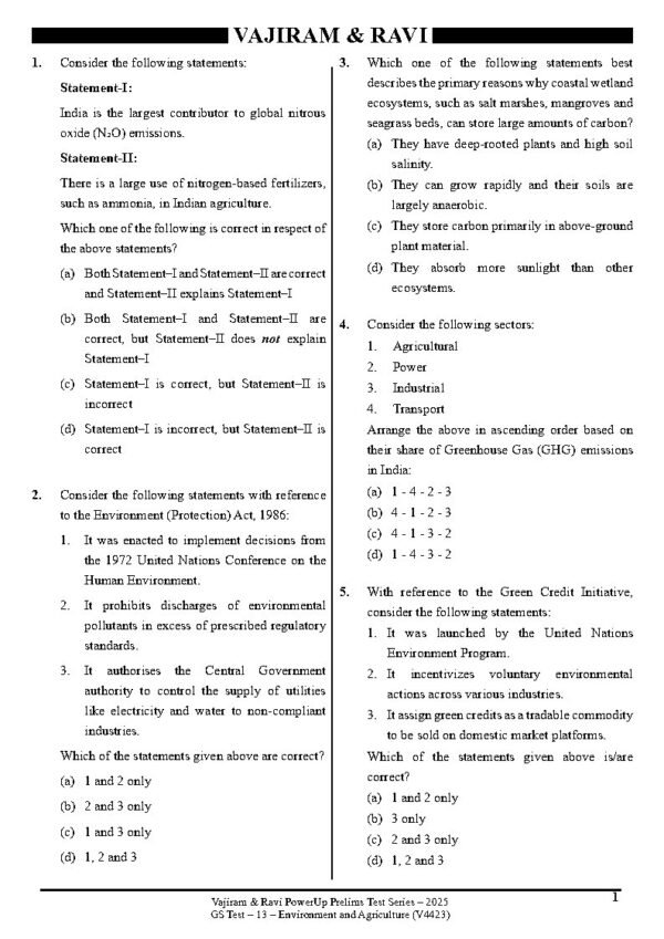 VAJIRAM & RAVI POWER UP PRELIMS TEST - 13 ( V4423 ) ( ENVIROMENT & AGRICULTURE ) English 2025 / B&W - Image 2