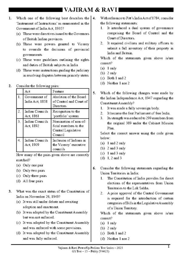 VAJIRAM & RAVI POWER UP PRELIMS TEST - 15 ( V4425 ) ( POLITY ) English 2025 / B&W - Image 2
