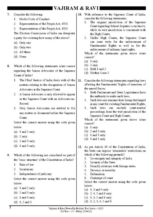 VAJIRAM & RAVI POWER UP PRELIMS TEST - 15 ( V4425 ) ( POLITY ) English 2025 / B&W - Image 3