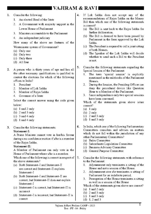 Vajiram & Ravi UPSC Prelims Camp Test Series Test - 04 (Polity) English 2025 | B&W - Image 2