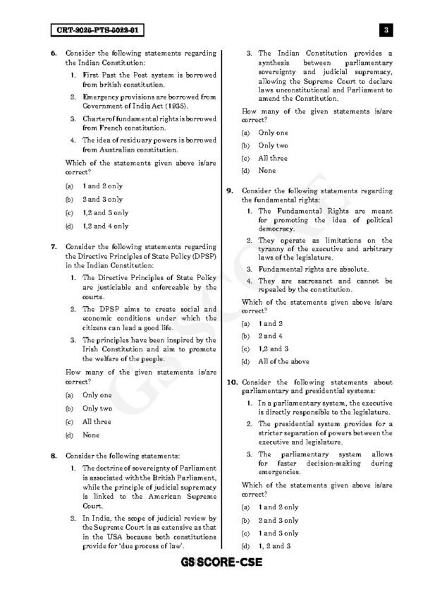 GS SCORE UPSC Prelims Test Series Test - 01 ( Polity-1 ) English 2025 | B&W - Image 3