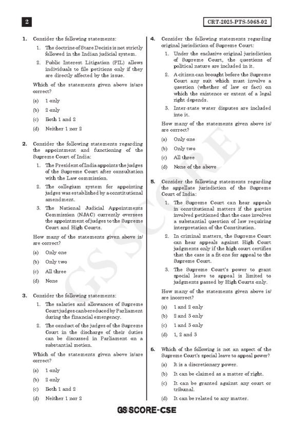 GS SCORE UPSC Prelims Test Series Test - 02 ( Polity-2 ) English 2025 | B&W - Image 2