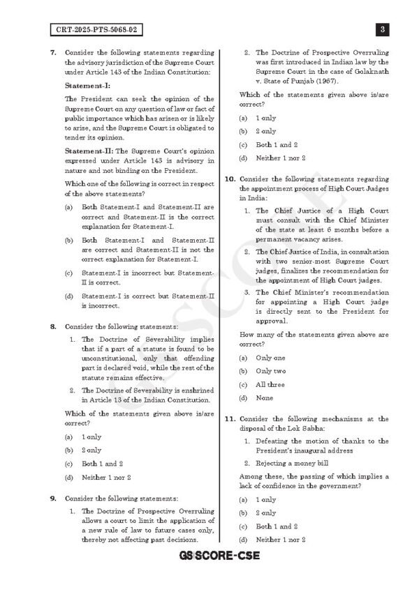 GS SCORE UPSC Prelims Test Series Test - 02 ( Polity-2 ) English 2025 | B&W - Image 3