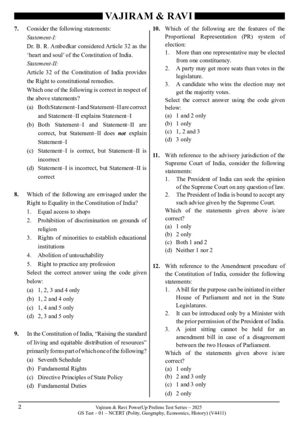 VAJIRAM & RAVI POWER UP PRELIMS TEST - 01 ( V4411 ) ( NCERT ) English 2025 / B&W - Image 2