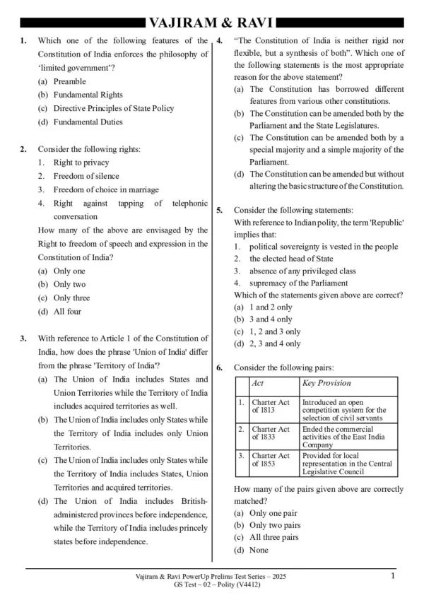 VAJIRAM & RAVI POWER UP PRELIMS TEST - 02 ( V4412) (POLITY-1) English 2025 / B&W - Image 3
