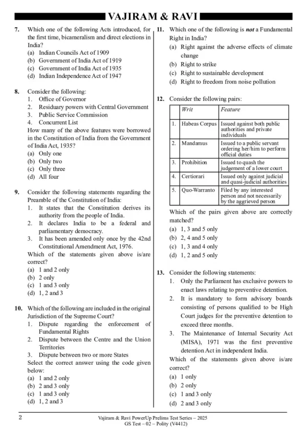 VAJIRAM & RAVI POWER UP PRELIMS TEST - 02 ( V4412) (POLITY-1) English 2025 / B&W - Image 2