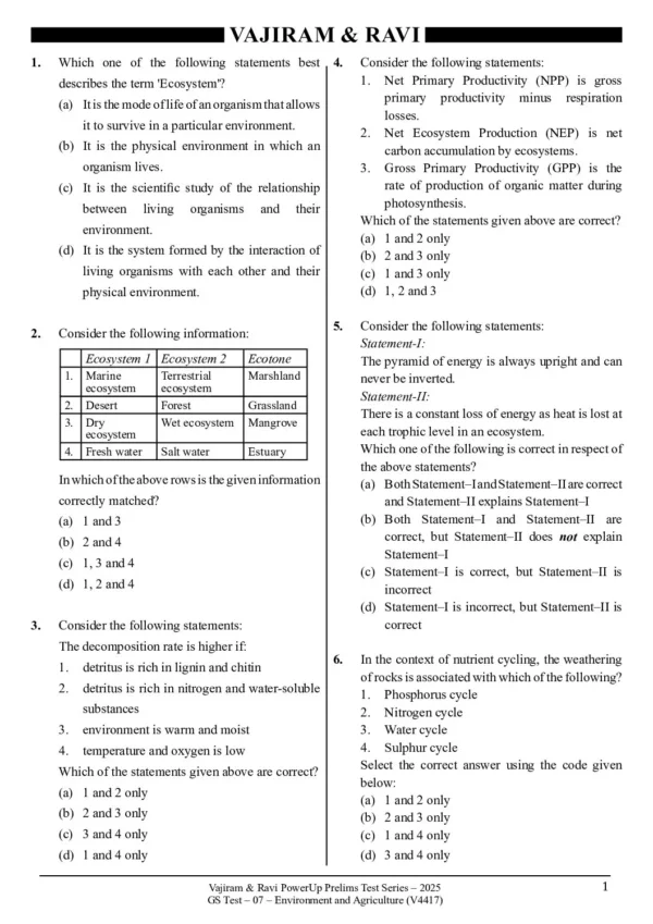 VAJIRAM & RAVI POWER UP PRELIMS TEST - 07 ( V4417 ) ( ENVIROMENT & AGRICULTURE ) English 2025 / B&W - Image 2