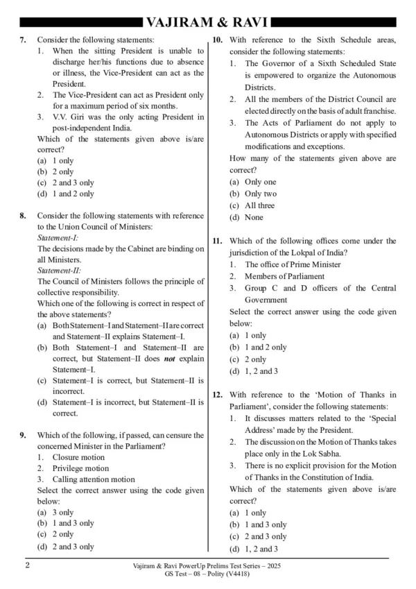 VAJIRAM & RAVI POWER UP PRELIMS TEST - 08 ( V4418 ) ( POLITY-2 ) English 2025 / B&W - Image 3