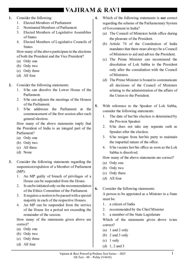 VAJIRAM & RAVI POWER UP PRELIMS TEST - 08 ( V4418 ) ( POLITY-2 ) English 2025 / B&W - Image 2