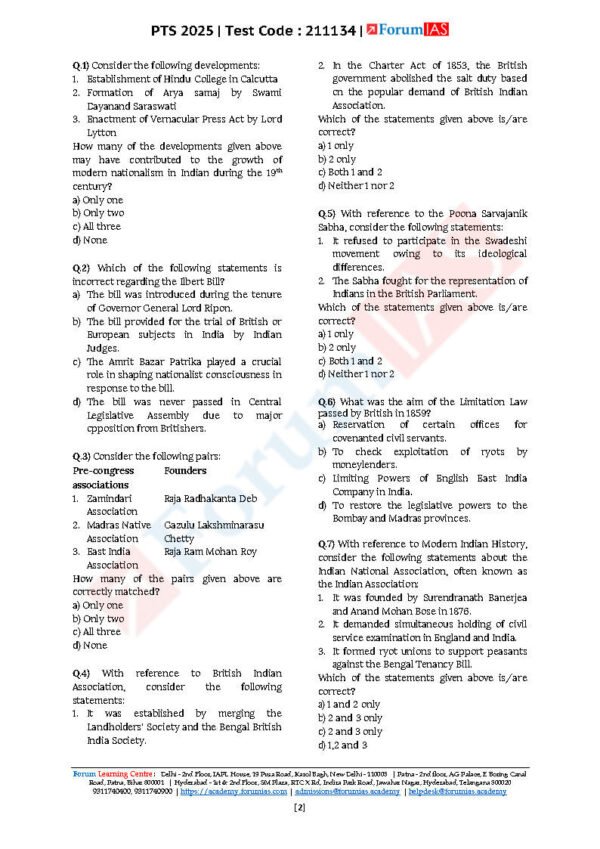 Forum IAS Preparatory Mini Test Series ( Test – 14 { Modern History - 2 } ) | English | B&W - Image 3