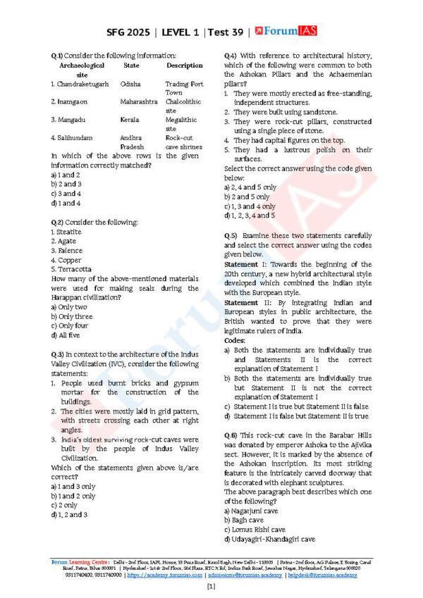 Forum IAS SFG Test Series Level-1 Test 39 [ Art & Culture - 1 ] 2025 | English | B&W| - Image 3