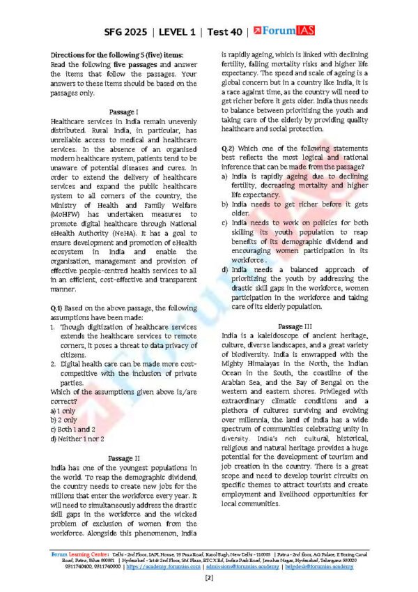 Forum IAS SFG Test Series Level-1 Test 40 [ CSAT - 5 ] 2025 | English | B&W - Image 3