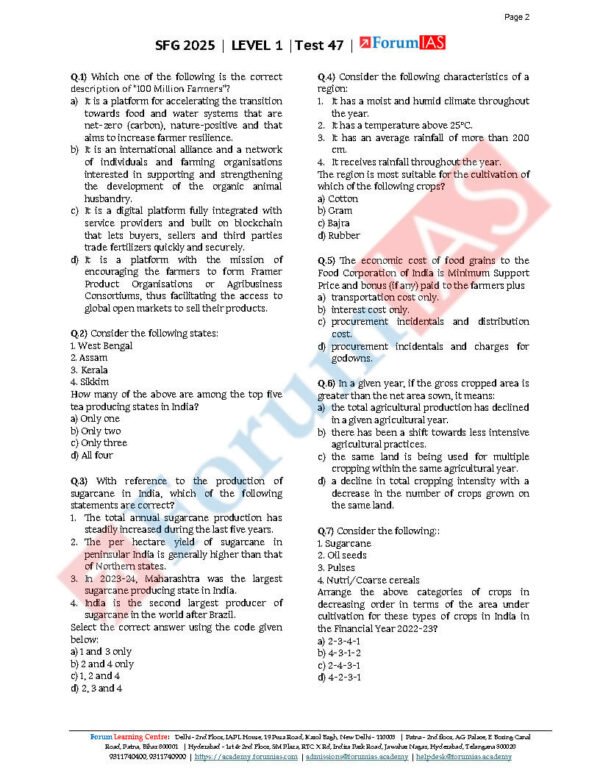 Forum IAS SFG Test Series Level-1 Test 47 [Agriculture] 2025 | English | B&W - Image 3