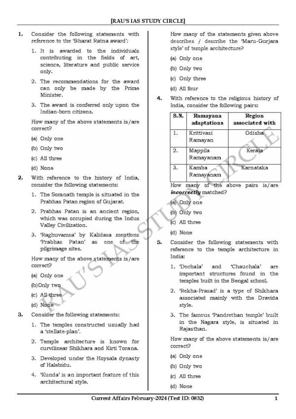 Rau's IAS General Studies { Paper : 1, CA : Test - 1, February - 2024 } | English | B&W - Image 3
