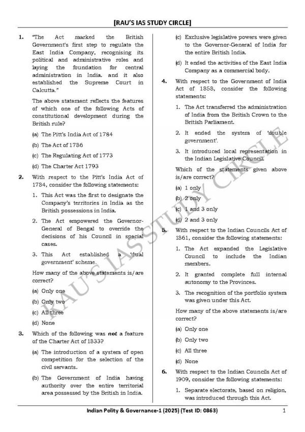 Rau's IAS General Studies { Paper : 1, CA : Test - 12, Indian Polity : Governance I - 2025 } | English | B&W - Image 3