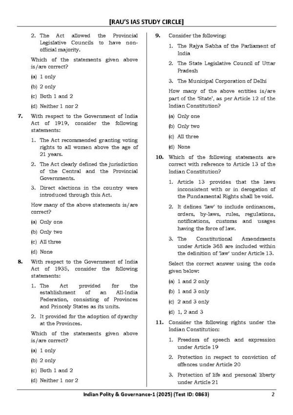 Rau's IAS General Studies { Paper : 1, CA : Test - 12, Indian Polity : Governance I - 2025 } | English | B&W - Image 4