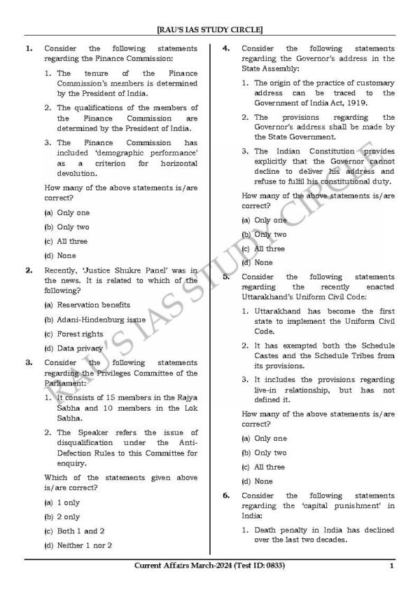 Rau's IAS General Studies { Paper : 1, CA : Test - 2, March - 2024 } | English | B&W - Image 3