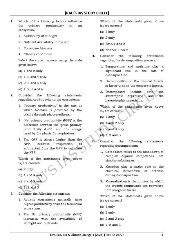 Rau's IAS General Studies { Paper : 1, CA : Test - 24, Env, Eco, Bio, & Climate I - 2025 } | English | B&W - Image 3