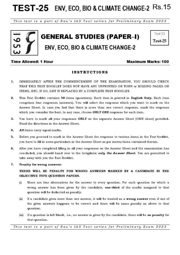 Rau's IAS General Studies { Paper : 1, CA : Test - 25, Env, Eco, Bio, & Climate 2 - 2025 } | English | B&W - Image 2