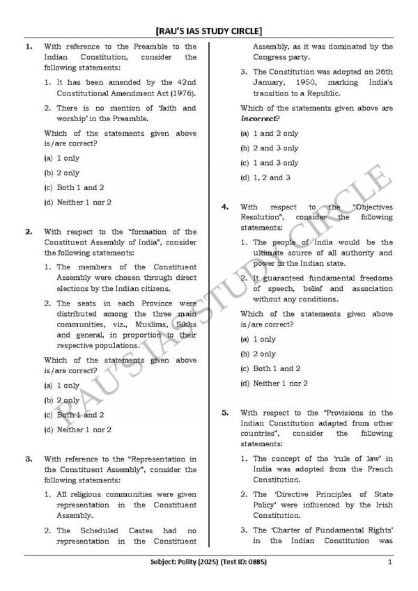 Rau's IAS General Studies { Paper : 1, CA : Test - 29, Polity - 2025 } | English | B&W - Image 3