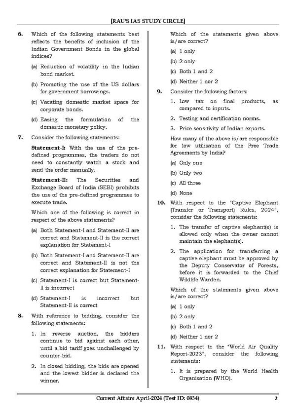 Rau's IAS General Studies { Paper : 1, CA : Test - 3, April - 2024 } | English | B&W - Image 4