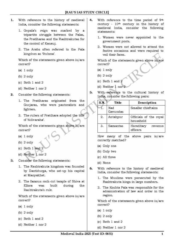 Rau's IAS General Studies { Paper : 1, CA : Test - 7, Medieval - 2025 } | English | B&W - Image 3