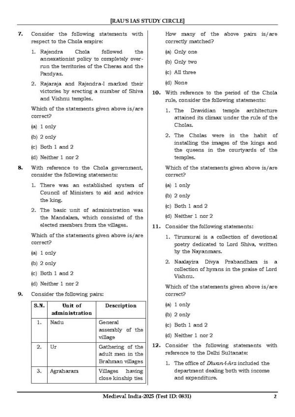 Rau's IAS General Studies { Paper : 1, CA : Test - 7, Medieval - 2025 } | English | B&W - Image 4