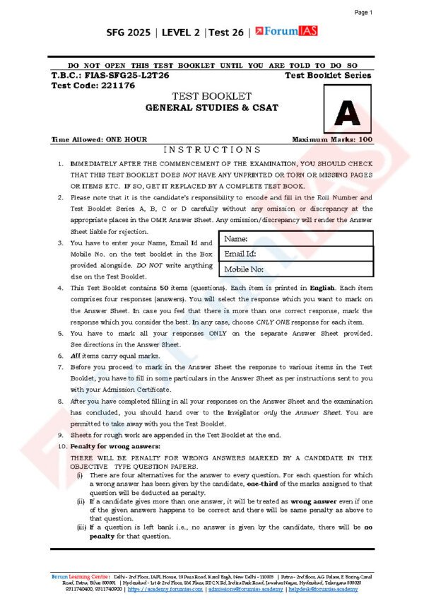 Forum IAS ( {SFG Level 2 – Test – 26} Modern History -1  ) 2025 | English | B&W - Image 3