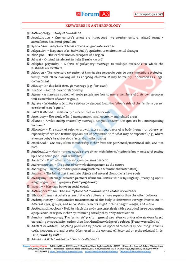 Forum IAS  Anthropology for Optional  | Printed Notes Handouts 2024 ( Book -1  ) | English | B&W | - Image 4