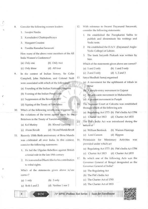 BPSC CONCEPT WALLAH ( 71st BPSC Prelims Test Series ) Test -3  MODERN HISTORY  | English | B&W - Image 3