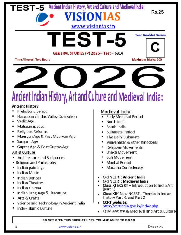 Vision IAS GENERAL STUDIES [P]  ( Ancient Indian History , and Culture And Medieval India   ) Test -5 (6314 ) 2026 | English | B&W - Image 4