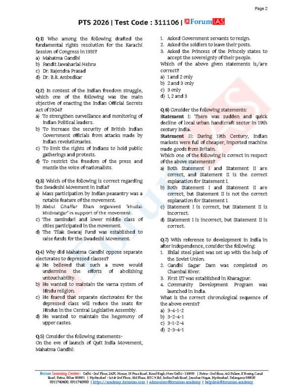 FORUM IAS GENERAL STUDIES ( Modern History  ) Test -6 ( L-1 ) 2026 | English | B&W - Image 2