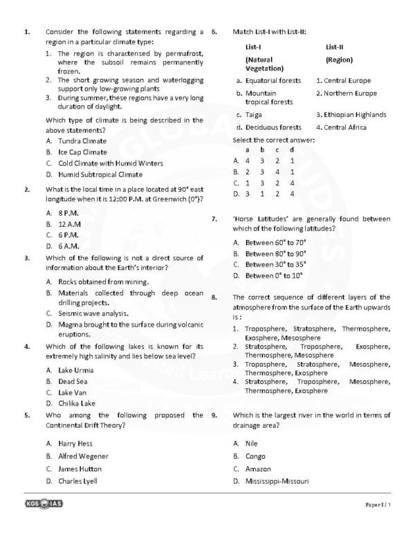 KGS IAS  TEST BOOKLET  BPSC 71st Prelims  ( General Studies Paper -1 ) Test -6 World Geography   English | B&W - Image 3