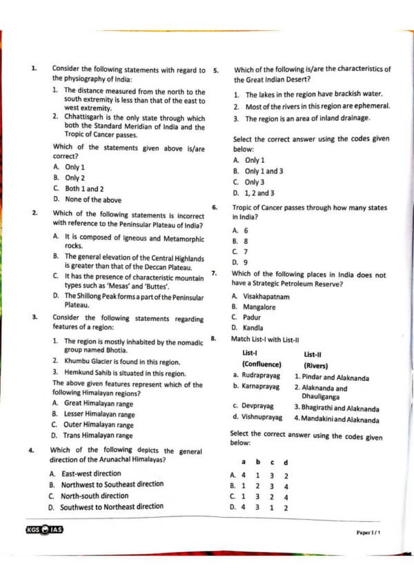 KGS IAS  TEST BOOKLET  BPSC 71st Prelims  ( General Studies Paper -1 ) Test -4 INDIAN GEOGRAPHY  English | B&W - Image 3