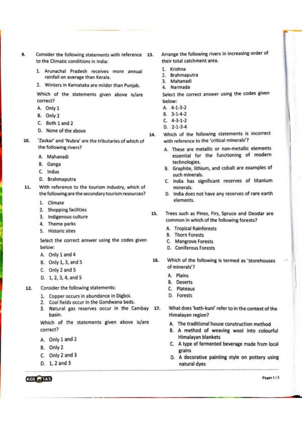KGS IAS  TEST BOOKLET  BPSC 71st Prelims  ( General Studies Paper -1 ) Test -4 INDIAN GEOGRAPHY  English | B&W - Image 4
